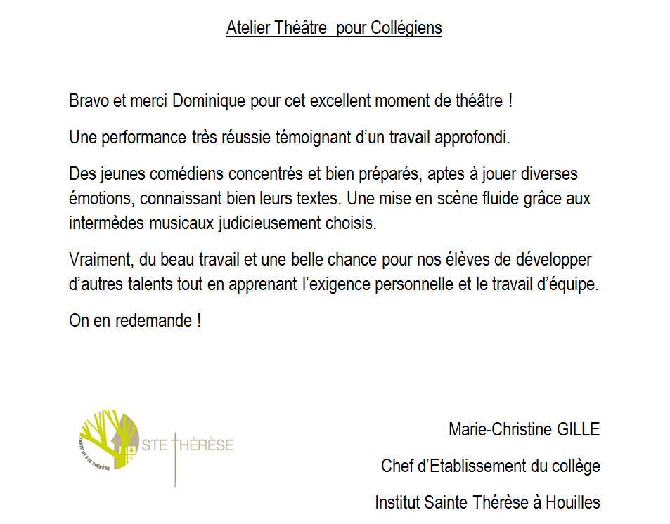 Atelier Théâtre au Collège Sainte Thérèse à Houilles Dominique Gambey